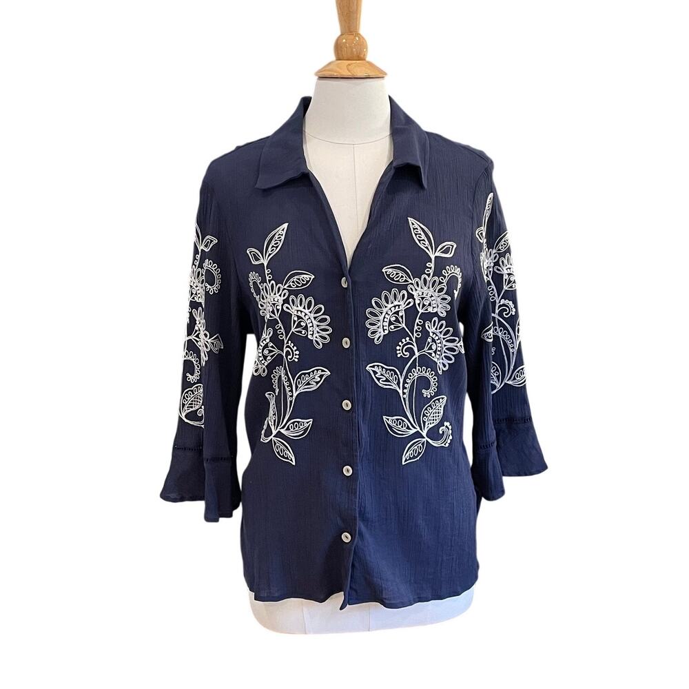 Alfred Dunner Gauze Navy Blue Button Down Shirt, Embroidered, Bell Sleeve L